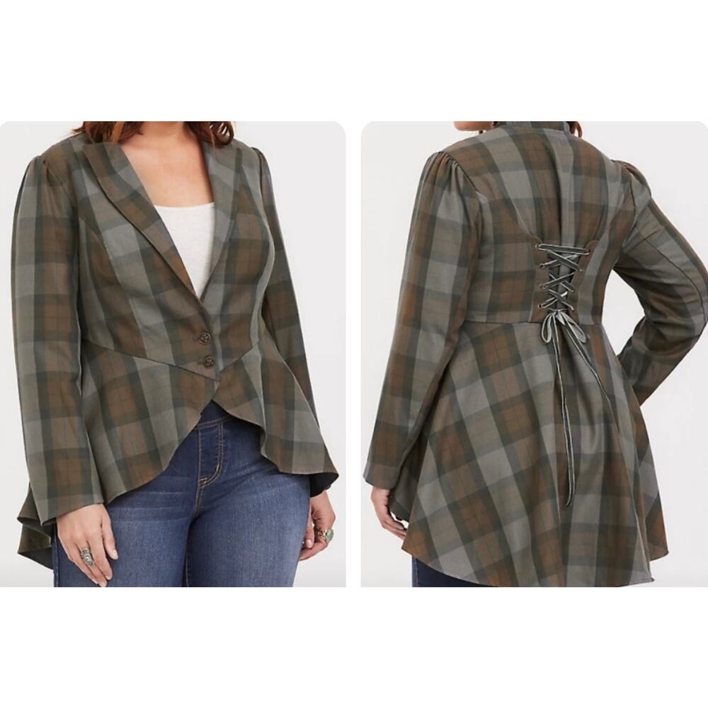 Torrid OUTLANDER Plaid Peplum Lace-Up Swing Jacket Coat Blazer - Sz 3 (22-24)